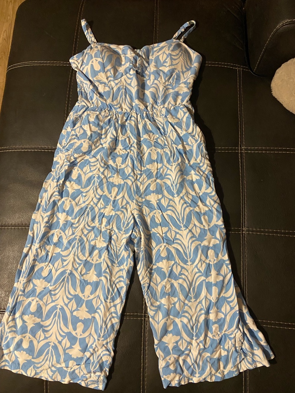 Blue & White Floral Strap Jumpsuit